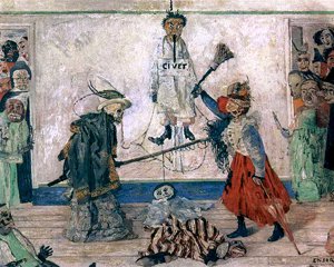 Джеймс Энсор. Борьба скелетов за тело повешенного (1891)